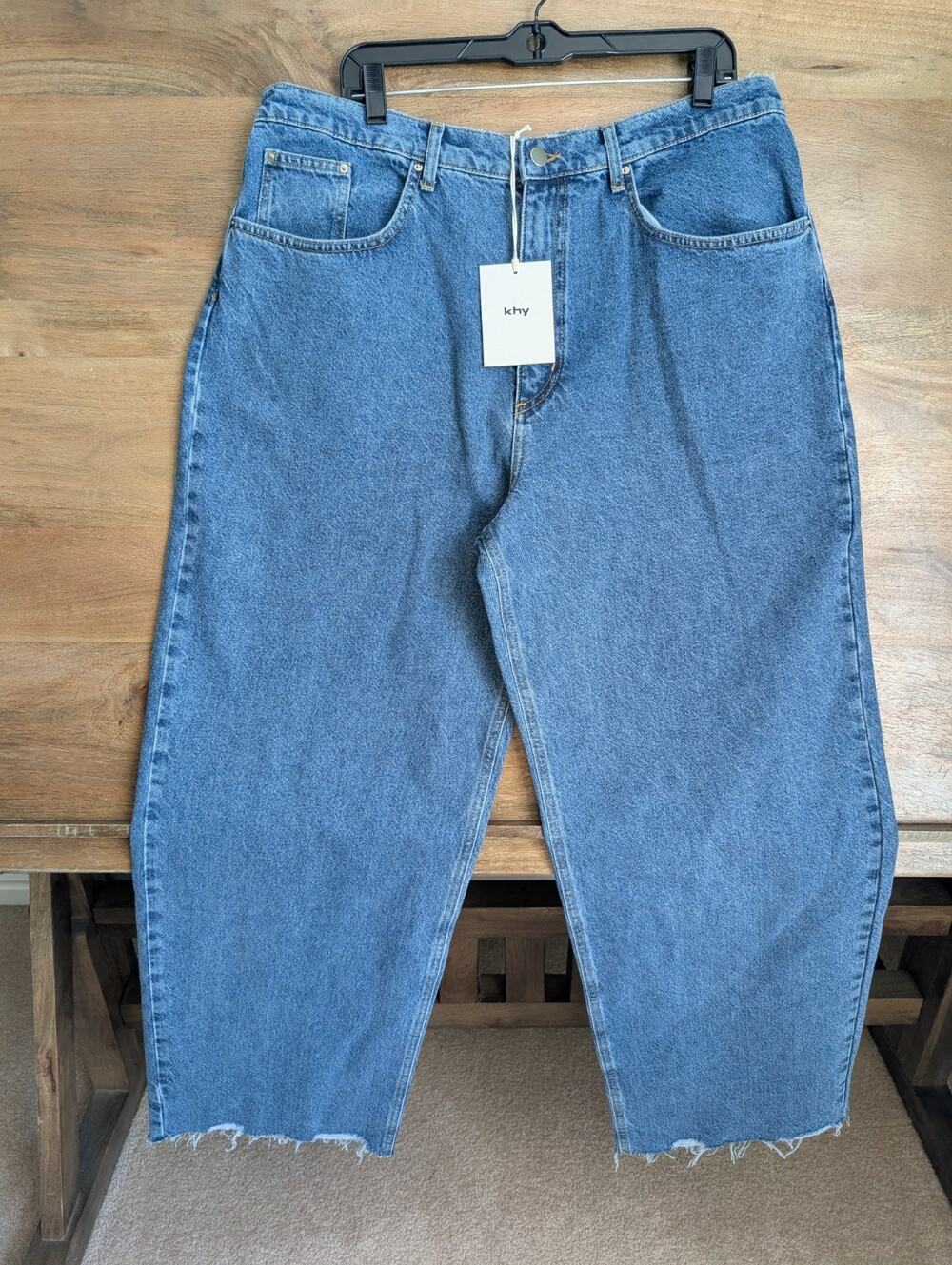 NWT KHY Jeans Womens Size 32 Blue Denim Medium Wash Wide Leg Raw Hem Streetwear